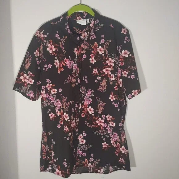 Asos Men's Black with Pink Floral Short Sleeve Button Up Shirt Size Large Tall - Picture 6 of 8